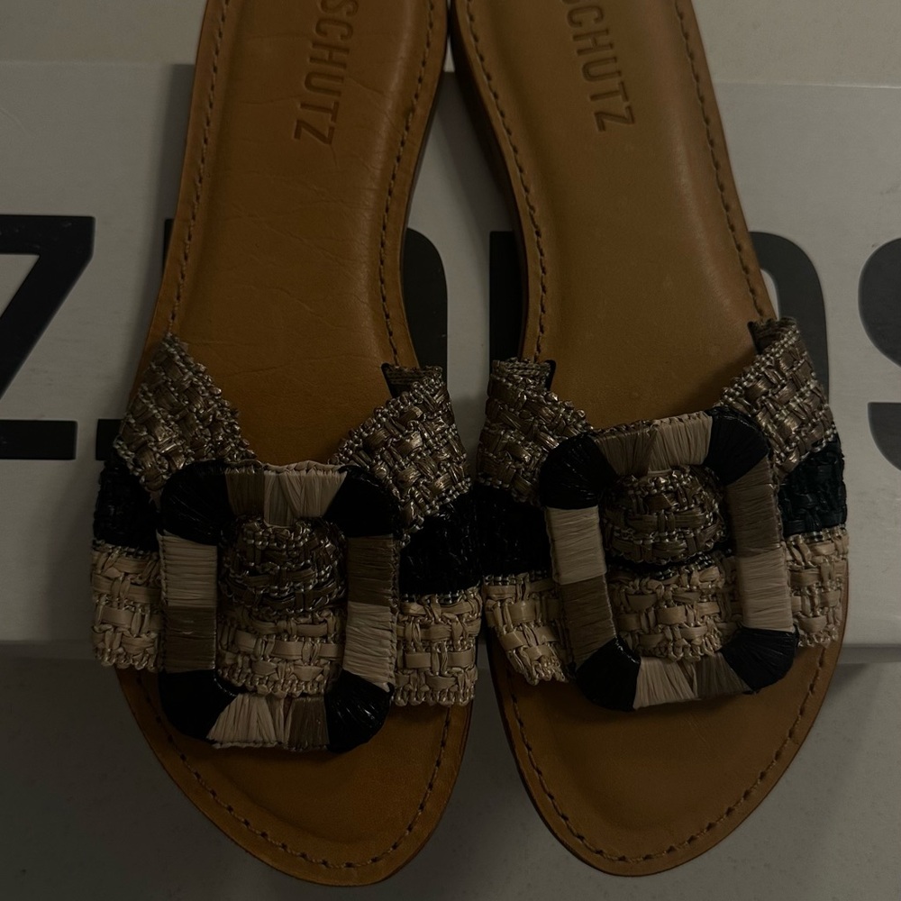 Schutz Tan and Black Woven Sandals
